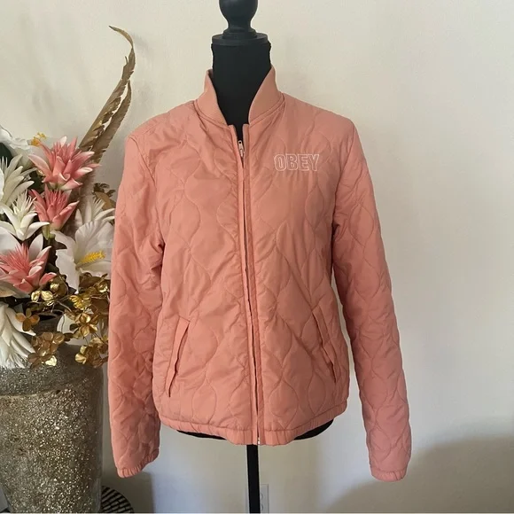 Obey Quilted Pink / Peach Embroidered Logo Puffer Jacket size Medium - Picture 3 of 12